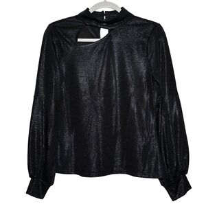 Halogen Black Metallic Mock Neck Cutout Long Sleeve Top Size S
